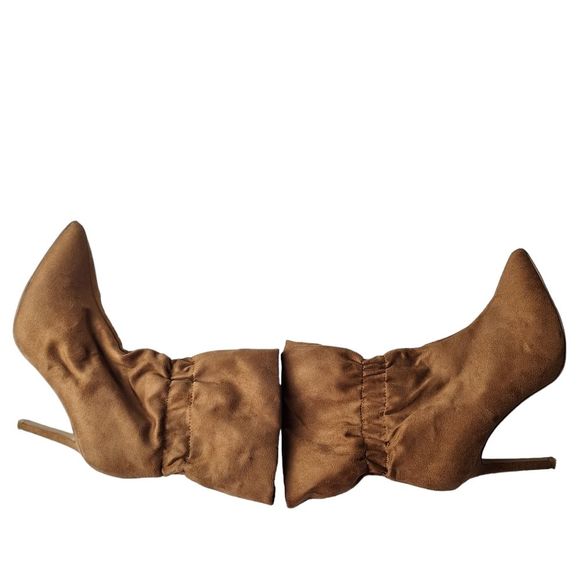 Express SZ 6 Brown Faux Suede Pull On Heeled Slouch Paper Bag Ankle Bootie Boots - Picture 10 of 14
